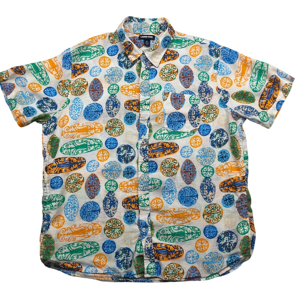 Lands End Mens XL Tailored Fit 100% Linen Short Sleeve Button Up Medallion Shirt
